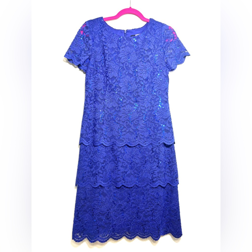 Alex Evenings Formal Dress Blue Stretchy Sparkly Lace Back Zipper Women’s size 6